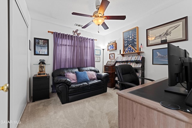 3267 Desert Cloud Ave, Rosamond, CA 93560 - home office featuring light carpet and ceiling fan