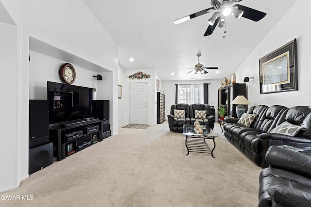 3267 Desert Cloud Ave, Rosamond, CA 93560 - living area featuring carpet, ceiling fan, and recessed lighting