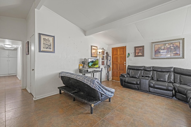 living room featuring lofted ceiling with beams