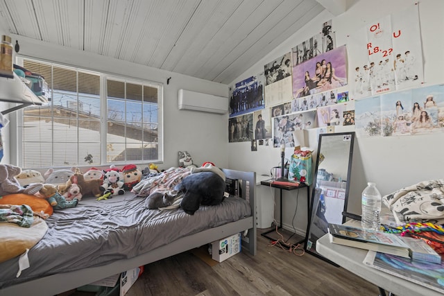 bedroom featuring dark wood-type flooring, an AC wall unit, vaulted ceiling, and wood ceiling