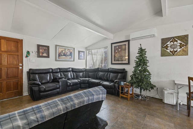 living room with a wall unit AC and vaulted ceiling with beams