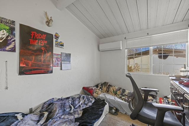 carpeted bedroom featuring wood ceiling, a wall mounted AC, and lofted ceiling