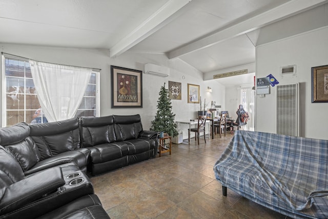 living room with a wall mounted air conditioner and lofted ceiling with beams