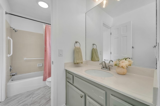 full bathroom with shower / bathtub combination with curtain, vanity, and toilet