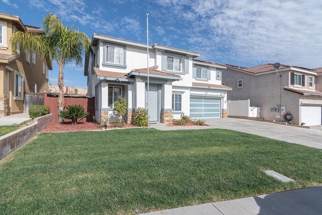 view of front facade with concrete driveway, an attached garage, fence, and stucco siding