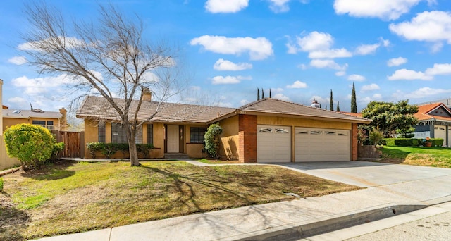 ranch-style house with driveway, a chimney, fence, and stucco siding