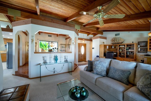 21561 Sheridan Ct, California City, CA 93505 - carpeted living area featuring ceiling fan, wooden ceiling, and beam ceiling