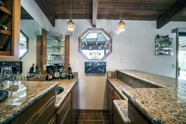21561 Sheridan Ct, California City, CA 93505 - bar with indoor wet bar, beamed ceiling, baseboards, and wood ceiling
