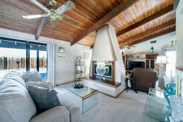 21561 Sheridan Ct, California City, CA 93505 - carpeted living area featuring plenty of natural light, wood ceiling, vaulted ceiling with beams, and a ceiling fan