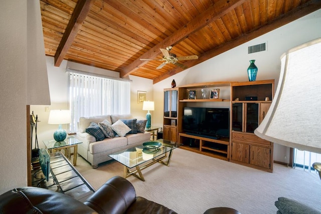 21561 Sheridan Ct, California City, CA 93505 - carpeted living area with visible vents, lofted ceiling with beams, wood ceiling, and ceiling fan