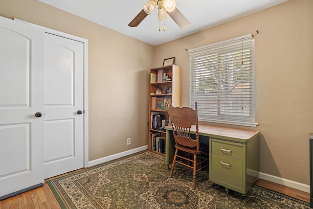 206 Brentwood Dr, Tehachapi, CA 93561 - office with baseboards, wood finished floors, and ceiling fan