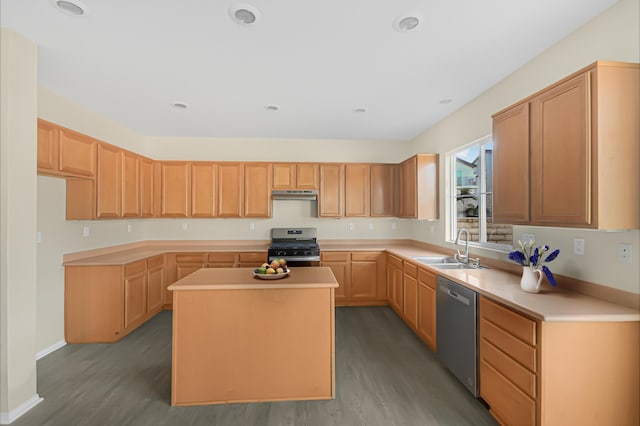 kitchen featuring hardwood / wood-style floors, a center island, sink, light brown cabinets, and stainless steel appliances