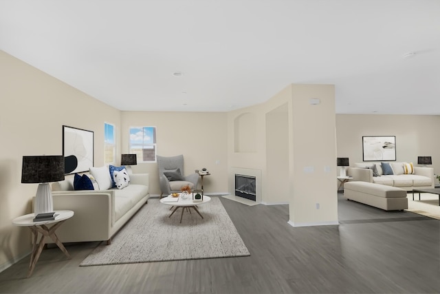 living room with dark wood-type flooring