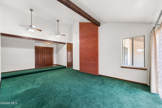 2613 W W Ave K4, Lancaster, CA 93536 - unfurnished living room featuring carpet, a ceiling fan, beam ceiling, and high vaulted ceiling