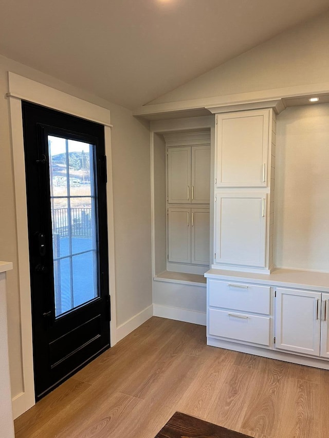 entrance foyer with light hardwood / wood-style floors and vaulted ceiling