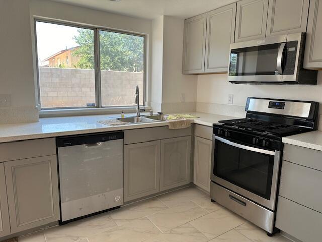 kitchen with gray cabinets, sink, and appliances with stainless steel finishes