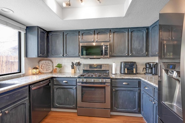 kitchen featuring tasteful backsplash, a raised ceiling, light hardwood / wood-style flooring, and appliances with stainless steel finishes