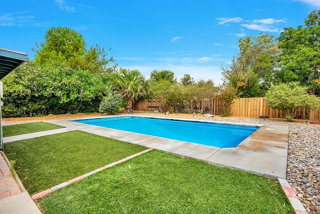 view of swimming pool featuring a yard