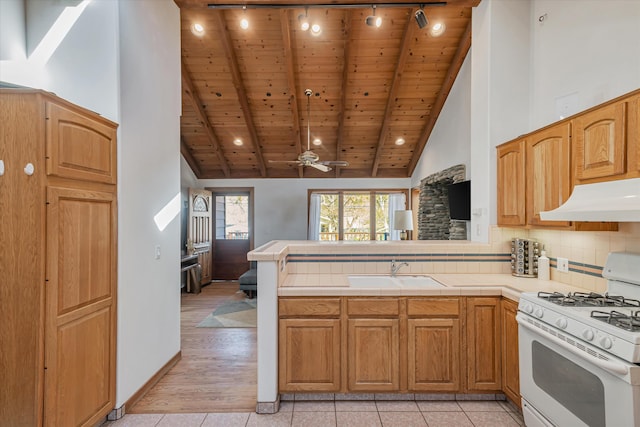 kitchen featuring white gas range, backsplash, a sink, a peninsula, and under cabinet range hood