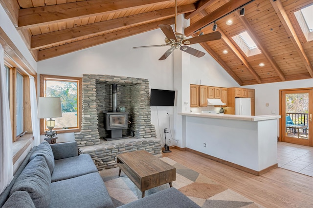 living room featuring a skylight, wood ceiling, light wood-style floors, beamed ceiling, and a wood stove