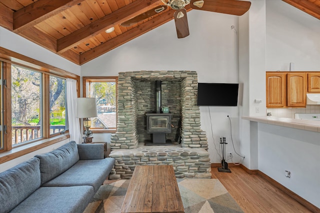 living area featuring wood ceiling, baseboards, beam ceiling, light wood finished floors, and a wood stove