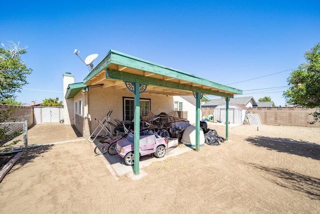 exterior space with a storage shed