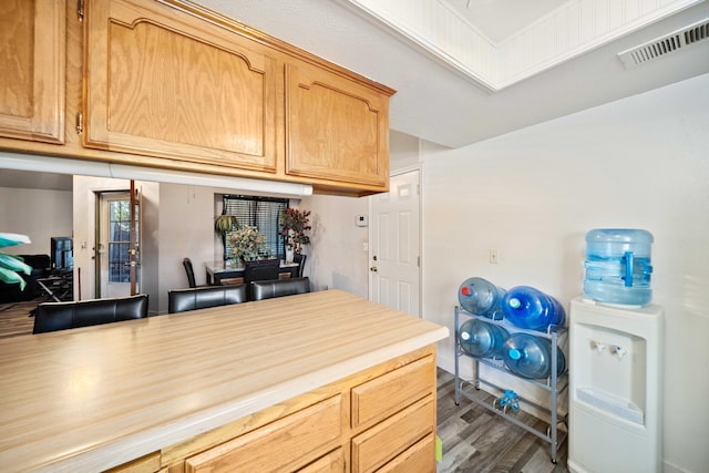 kitchen with dark hardwood / wood-style flooring and wooden counters