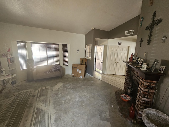 living room featuring lofted ceiling