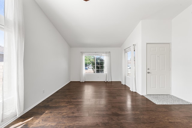 interior space featuring baseboards, wood finished floors, and lofted ceiling