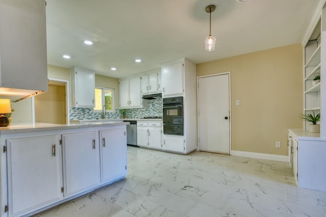 45209 Lorimer Ave, Lancaster, CA 93534 - kitchen featuring black appliances, a warming drawer, light marble finish flooring, white cabinetry, and recessed lighting