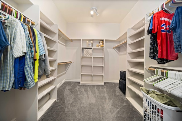 walk in closet featuring dark colored carpet