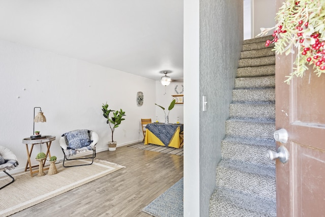 staircase with hardwood / wood-style flooring