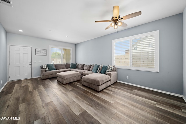 2038 Howard St, Rosamond, CA 93560 - living room with dark wood-style floors, ceiling fan, and recessed lighting
