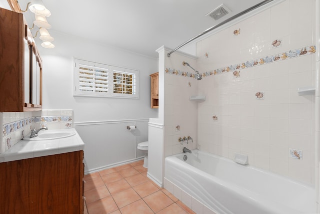 40836 W 36th St, Palmdale, CA 93551 - full bath featuring vanity, tile patterned floors, shower / bath combination, crown molding, and decorative backsplash