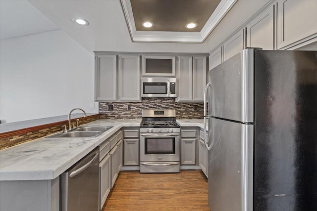 kitchen with a raised ceiling, sink, gray cabinetry, kitchen peninsula, and stainless steel appliances