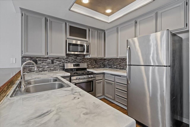 kitchen with sink, gray cabinetry, crown molding, appliances with stainless steel finishes, and a tray ceiling