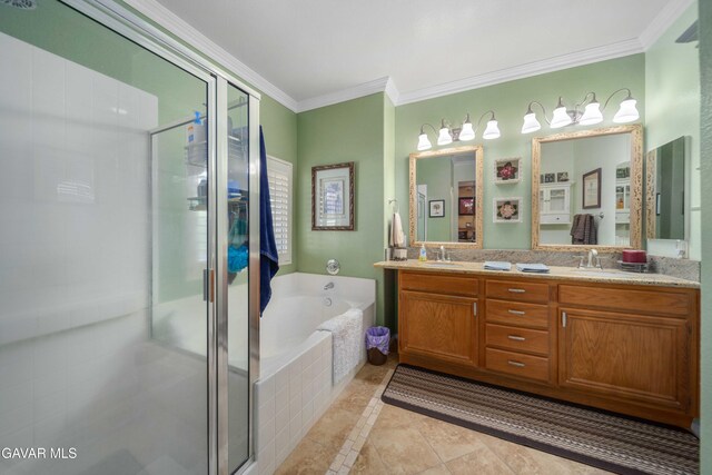 43432 Bale Ct, Lancaster, CA 93535 - full bath with double vanity, crown molding, a garden tub, a stall shower, and tile patterned flooring
