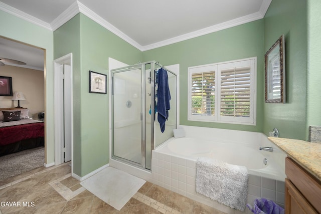 43432 Bale Ct, Lancaster, CA 93535 - ensuite bathroom with a stall shower, a bath, ornamental molding, and vanity