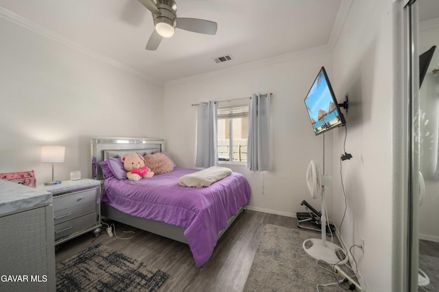 43432 Bale Ct, Lancaster, CA 93535 - bedroom featuring crown molding, dark wood-style flooring, and a ceiling fan