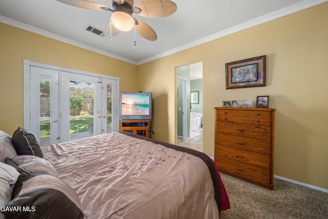 43432 Bale Ct, Lancaster, CA 93535 - bedroom featuring carpet flooring, access to outside, ornamental molding, connected bathroom, and a ceiling fan