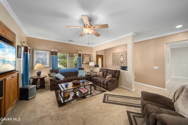 43432 Bale Ct, Lancaster, CA 93535 - living room featuring ceiling fan, ornamental molding, and light carpet
