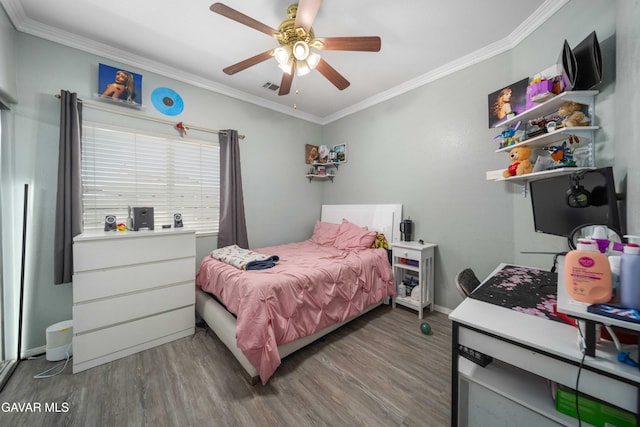 43432 Bale Ct, Lancaster, CA 93535 - bedroom featuring ornamental molding, wood finished floors, and ceiling fan