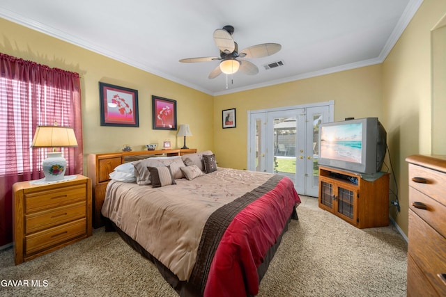 43432 Bale Ct, Lancaster, CA 93535 - bedroom featuring access to outside, carpet, crown molding, a ceiling fan, and french doors
