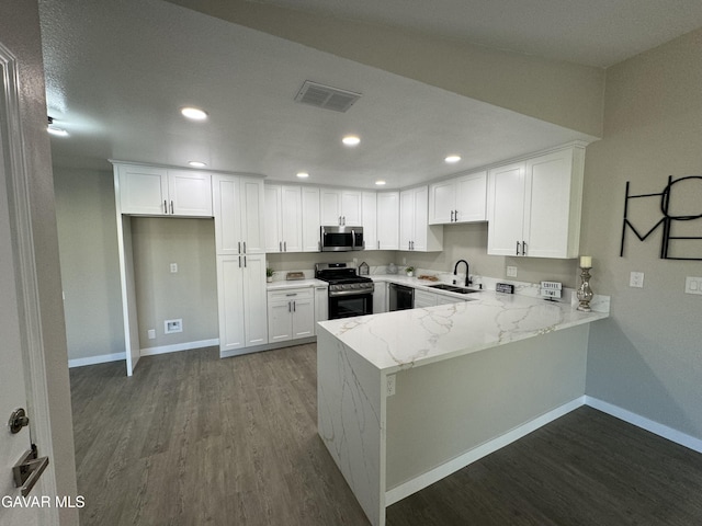25561 Alicante Dr, Santa Clarita, CA 91355 - kitchen with stainless steel appliances, a peninsula, dark wood-type flooring, light stone counters, and recessed lighting
