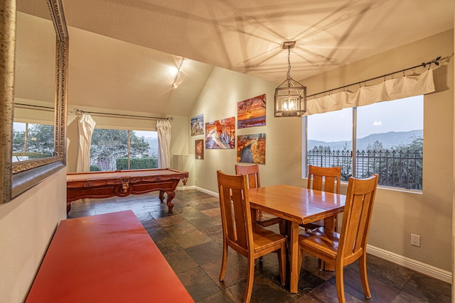 28367 Mount Stephen Ave, Santa Clarita, CA 91387 - dining space with stone tile floors, baseboards, a mountain view, pool table, and lofted ceiling