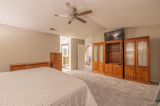 28367 Mount Stephen Ave, Santa Clarita, CA 91387 - bedroom with light colored carpet, vaulted ceiling, connected bathroom, ceiling fan, and baseboards