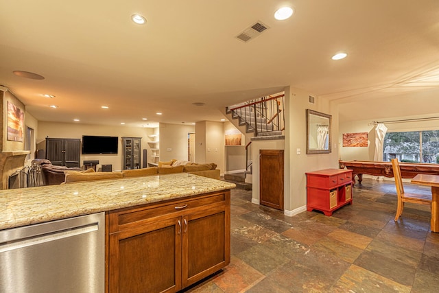 28367 Mount Stephen Ave, Santa Clarita, CA 91387 - kitchen featuring stainless steel dishwasher, baseboards, open floor plan, recessed lighting, and dark stone finish floors