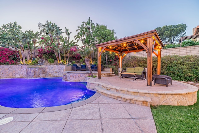 28367 Mount Stephen Ave, Santa Clarita, CA 91387 - view of swimming pool with an outdoor living space, a gazebo, a patio, and a fenced backyard