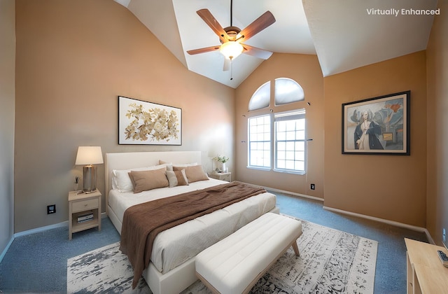 42443 Surrey Ct, Quartz Hill, CA 93536 - bedroom featuring carpet, baseboards, high vaulted ceiling, and ceiling fan