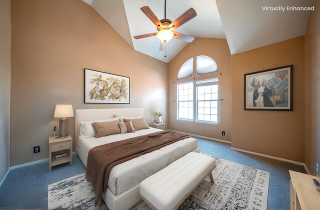 42443 Surrey Ct, Quartz Hill, CA 93536 - carpeted bedroom featuring baseboards, high vaulted ceiling, and ceiling fan